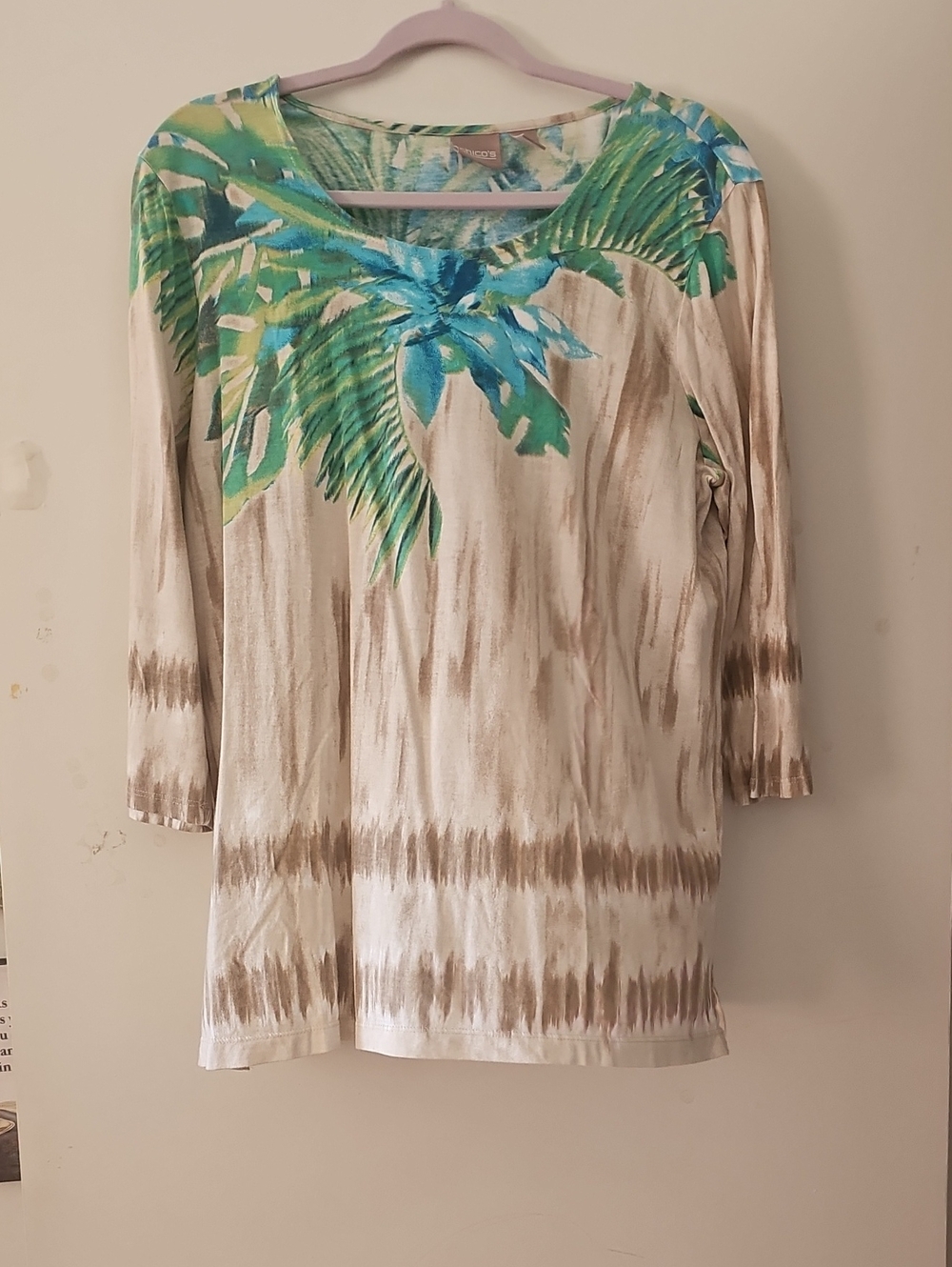 Chico's Cream Tunic with Green and Blue Palm Print